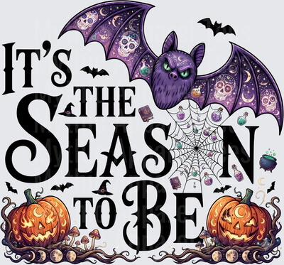 It's The Season To Be Halloween Purple Bat Sugar Skull Wings Jack-O-Lantern Pumpkins Spider Web Potion Bottles Witch Hat Cauldron Moon Phase Spooky