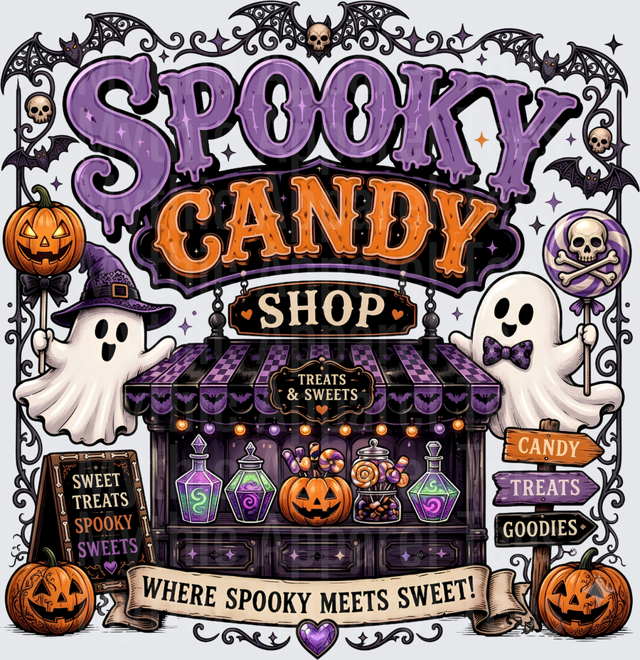 Spooky Candy Shop Where Spooky Meets Sweet Halloween Ghost Witch Hat Jack-O-Lantern Bats Skull Lollipop Treats and Sweets Purple Orange