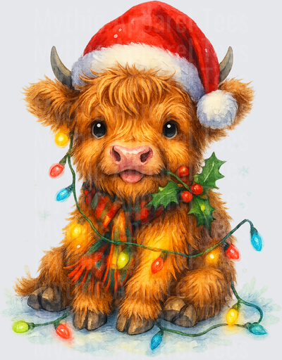 Highland Christmas Cow Baby Calf Santa Hat Lights Holly Scarf