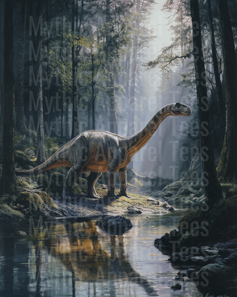 Majestic Brachiosaurus Sauropod Standing by Forest Stream in Misty Ancient Jungle Realistic Painting