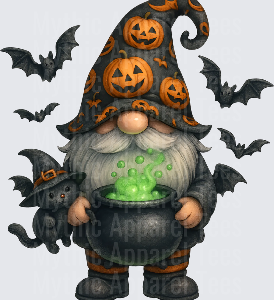 Halloween Gnome with Jack-O-Lantern Witch Hat Holding Bubbling Green Cauldron and Black Cat Surrounded by Bats
