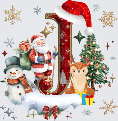 Christmas Letter J Monogram with Santa Claus Snowman Reindeer and Decorated Christmas Tree Holiday Alphabet Initial