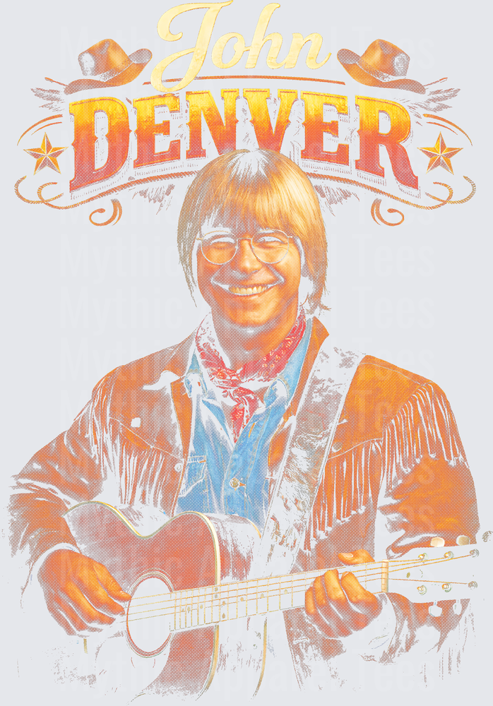John Denver Smiling Portrait with Acoustic Guitar Fringe Jacket Retro Country Music Graphic