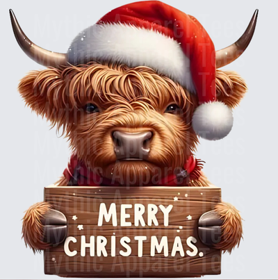 Highland Christmas Cow Santa Hat Merry Christmas Wooden Sign