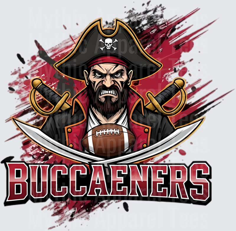 Buccaeners Fierce Bearded Pirate Mascot Holding Football with Crossed Swords Red and Black Splatter