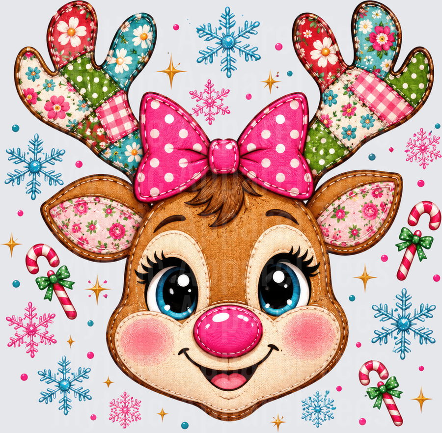 Cute Girl Reindeer Face Patchwork Quilt Style Pink Bow Blue Eyes Snowflakes Candy Canes Christmas
