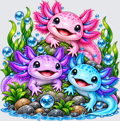 Dragons Three Cute Kawaii Axolotls Pink Purple and Blue with Bubbles Seaweed and Mossy Rocks Underwater Scene
