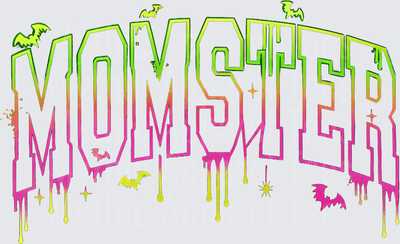 Halloween Momster Dripping Slime Arched Text with Bats and Sparkles Neon Green Pink Gradient Gothic