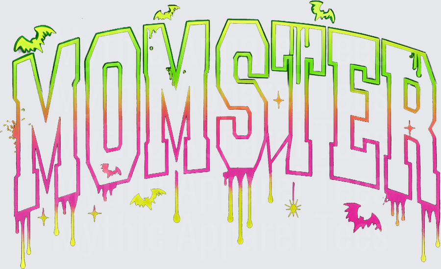 Halloween Momster Dripping Slime Arched Text with Bats and Sparkles Neon Green Pink Gradient Gothic
