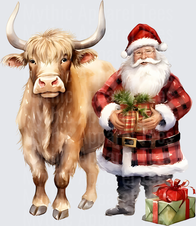 Highland Christmas Cow Santa Claus Plaid Suit with Gifts
