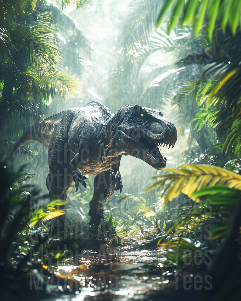 Ferocious T-Rex Stalking Through Rainy Prehistoric Jungle with Yellow Eyes and Dramatic Light Rays