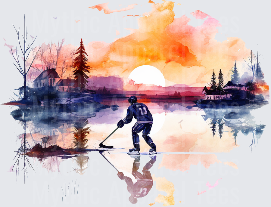 Ice Hockey Player Pond Skating Watercolor Sunset Scene