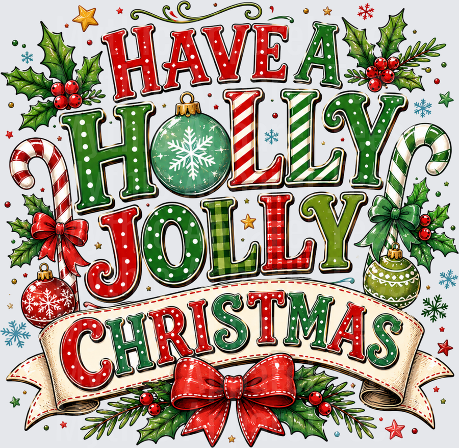 Have A Holly Jolly Christmas Festive Typography with Candy Canes Holly Ornaments and Red Bow Banner