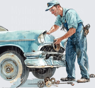 Watercolor Mechanic Repairing Classic 1950s Vintage Car with Tools Scattered on Ground