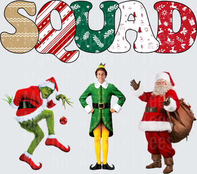 Christmas Holiday Squad The Grinch Buddy the Elf and Santa Claus Festive Patterned Letters