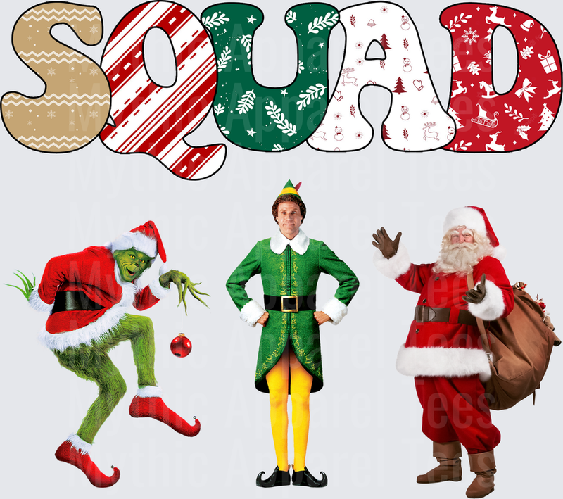 Christmas Holiday Squad The Grinch Buddy the Elf and Santa Claus Festive Patterned Letters