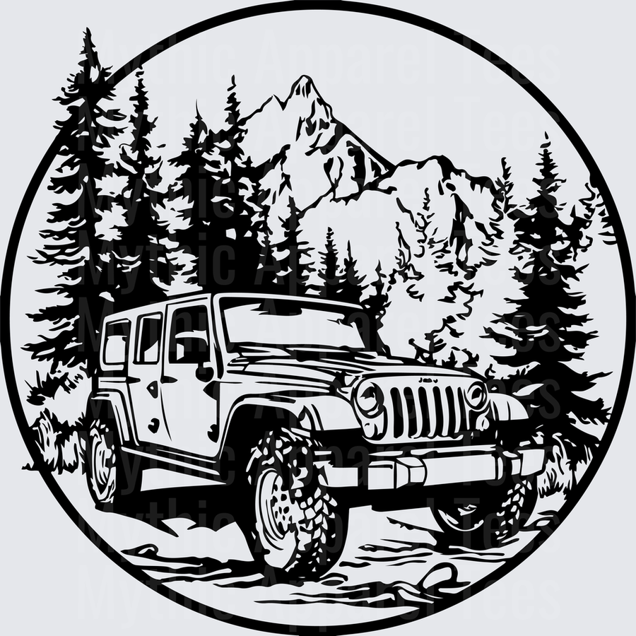 Off Road Jeep Wrangler Mountain Pine Forest Circle Badge