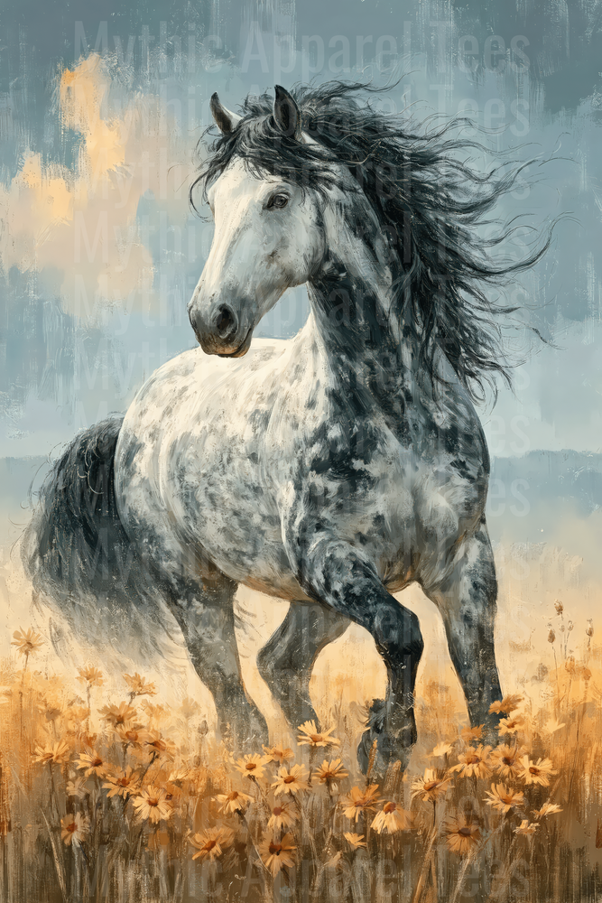 Majestic Dapple Gray Horse with Flowing Black Mane Prancing Through Golden Wildflower Field