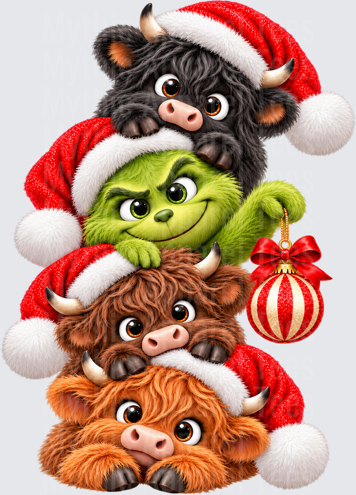 Stacked Christmas Highland Cows and Grinch Santa Hat Tower with Holiday Ornament