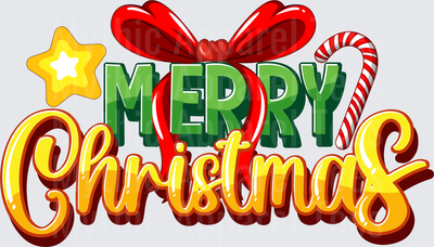 Merry Christmas Bold Green and Gold Typography with Red Bow Candy Cane and Star Holiday Design