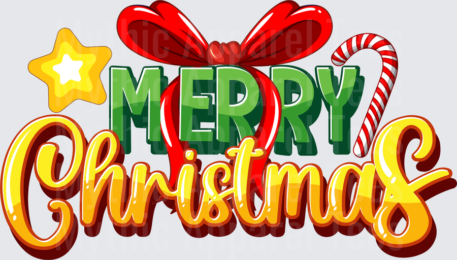 Merry Christmas Bold Green and Gold Typography with Red Bow Candy Cane and Star Holiday Design