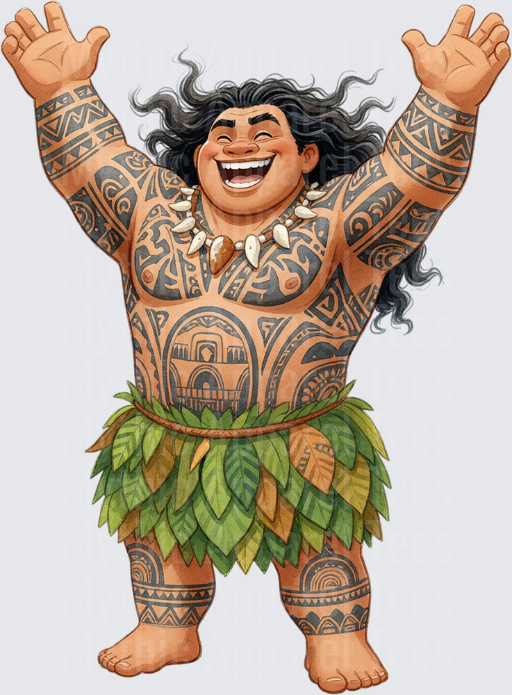 Moana Maui Watercolor Joyful Arms Raised Tattoos Leaf Skirt