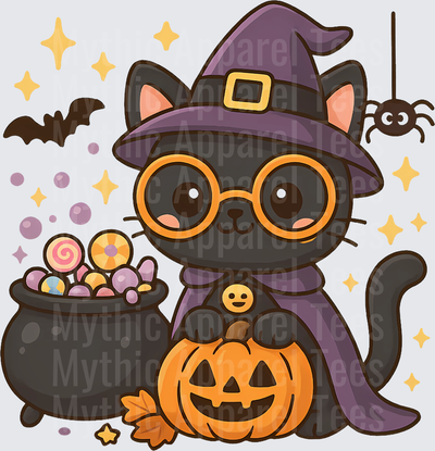 Cute Black Witch Cat with Round Glasses Purple Cape Jack-o-Lantern Candy Cauldron Bats and Spider Halloween