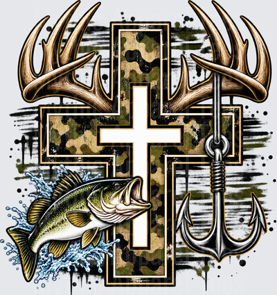 Faith Hunt Fish Camo Cross with Deer Antlers Bass Jumping and Triple Hook Anchor Grunge Design
