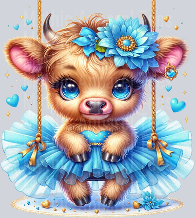 Cute Highland Cow Baby Swing Blue DTF Precious Highland Cow Transfers