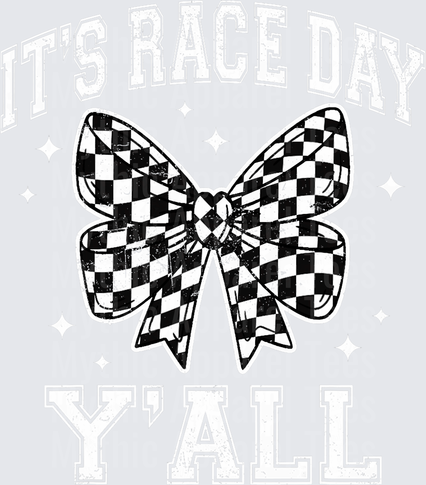 It's Race Day Y'all Black and White Checkered Bow with Sparkles Distressed Vintage Graphic
