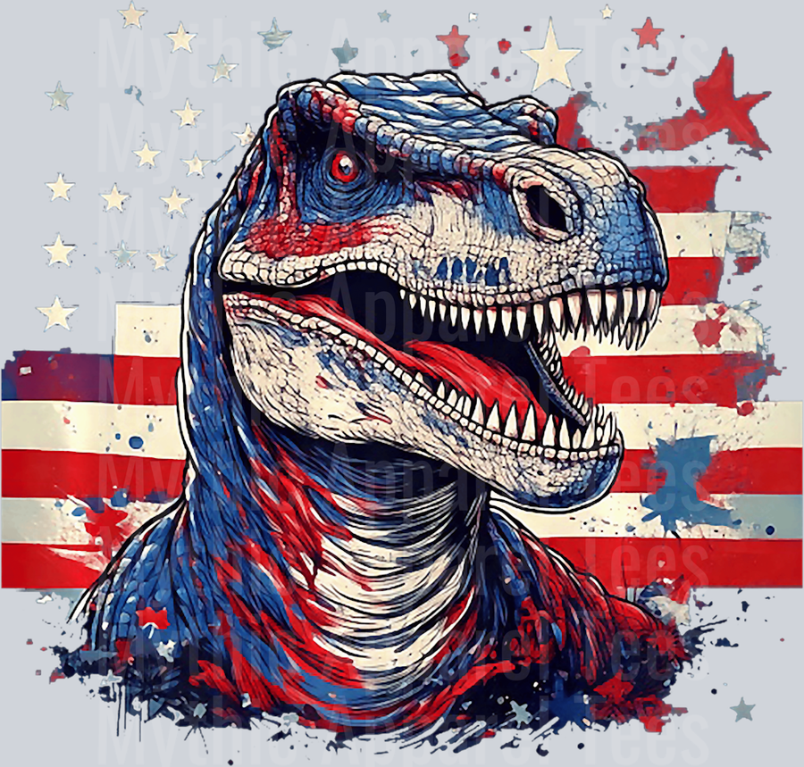 T Rex with American Flag behind him DTF Patriotic Transfers