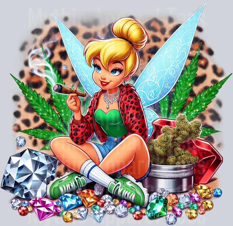 Tinkerbell Weed Plant Cheeta Print Jewels Smoking Weed DTF Weed Transfers