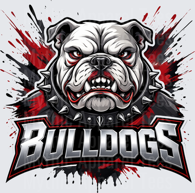 Fierce Growling Bulldog Mascot with Spiked Collar Red Eyes and Paint Splatter Bulldogs Team Logo