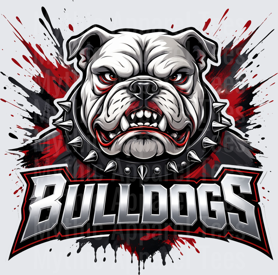Fierce Growling Bulldog Mascot with Spiked Collar Red Eyes and Paint Splatter Bulldogs Team Logo
