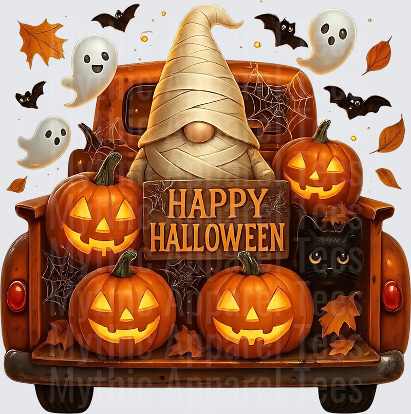 Happy Halloween Mummy Gnome Vintage Truck Jack-O-Lanterns Ghosts Bats Black Cat Fall Leaves