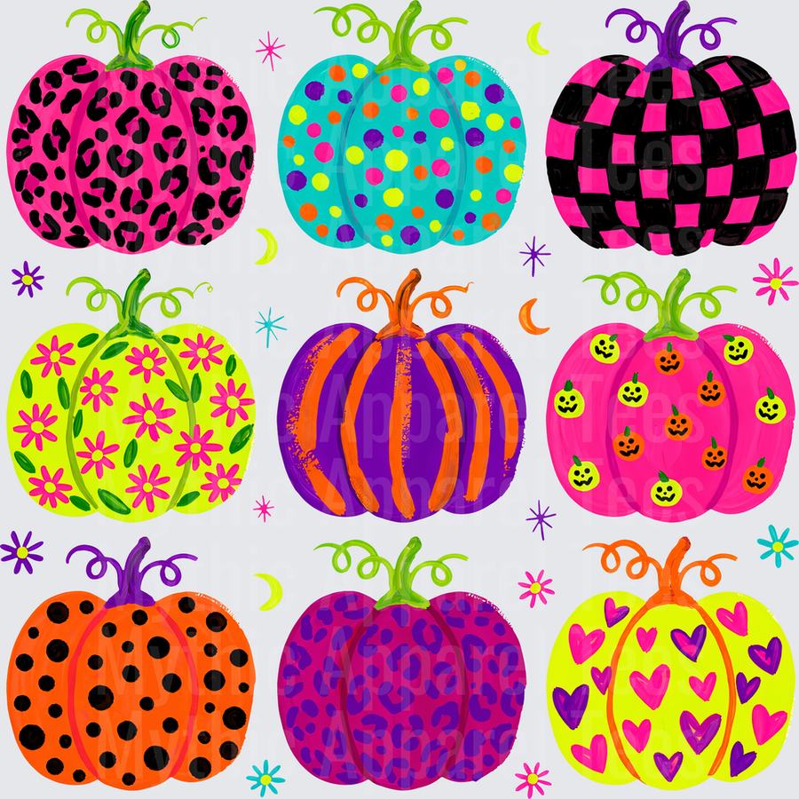 Halloween Bright And Fun Neon Patterned Pumpkin Collection with Leopard Print Polka Dots Checkerboard Floral Stripes Hearts and Jack-O-Lantern Designs