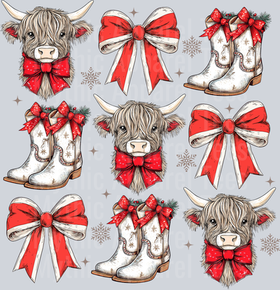 Highland Cows and White Boots Pattern DTF Christmas Highland Cows Transfers