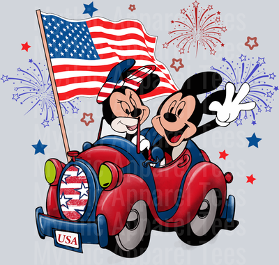 Mickey and Mini with American Flag and Car DTF Patriotic Disney Transfers
