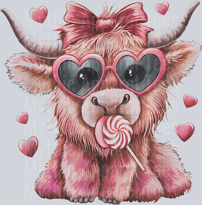 187 Highland Pink Cow With Candy Valentine Coquette Bow Girls T-Shirt