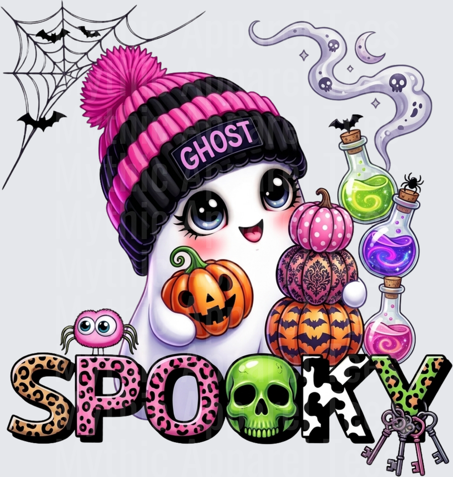 Cute Kawaii Ghost Wearing Pink Black GHOST Beanie Hat Holding Jack-o-Lantern Pumpkin with Stacked Patterned Pumpkins Magic Potion Bottles Skull Spider Web Bats Spooky Leopard Print Text