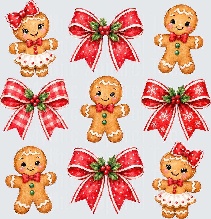 Cute Christmas Gingerbread Men and Girls with Red Holiday Bows Holly Berry Watercolor Bundle