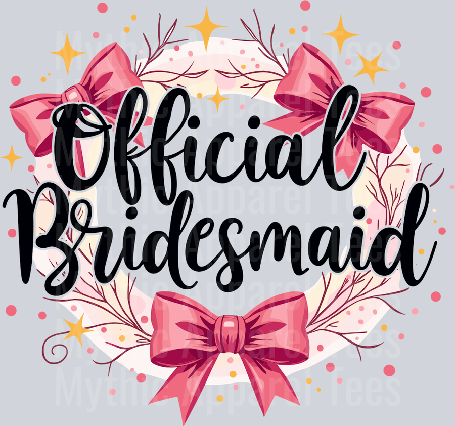 Official Bridesmaid wreath with pink bows and gold shimmers DTF Bridesmaid Transfers