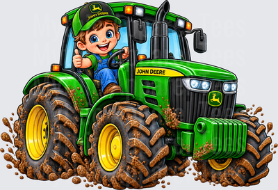 Tractors Cute Boy Giving Thumbs Up Riding John Deere Tractor Through Mud Cartoon Illustration