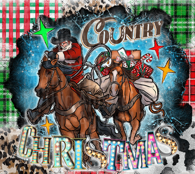 Country Christmas Cowboy Santa Riding Horses With Gift Bags Plaid Leopard Western Holiday