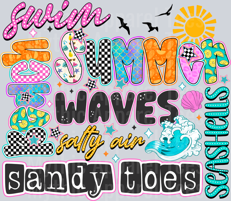 Summer Waves Design sandy toes black DTF Summer Transfers
