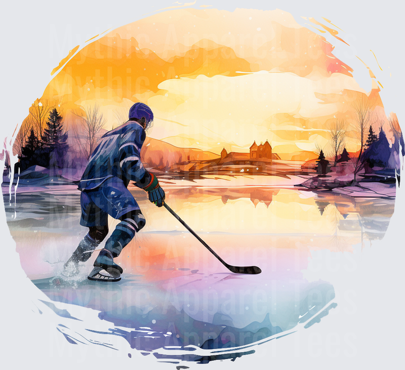 Ice Hockey Player Skating Frozen Pond Watercolor Sunset