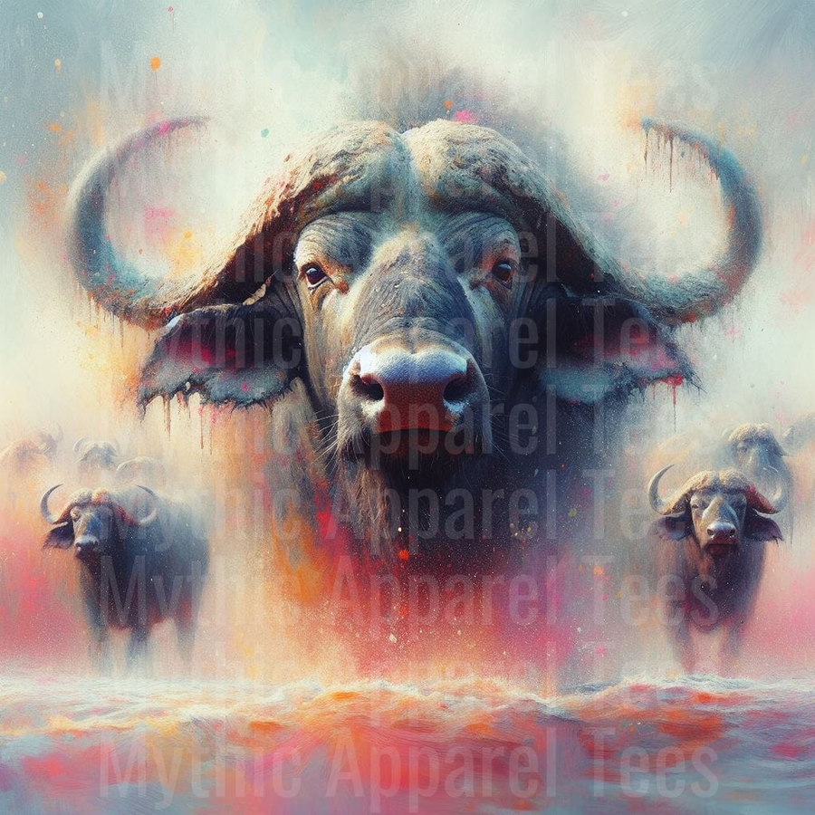 Majestic African Cape Buffalo Herd Colorful Splash Art Close-Up Portrait