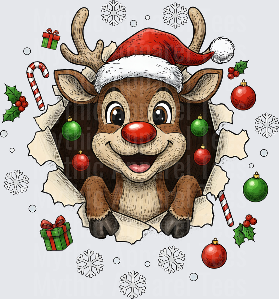 Cute Rudolph Red Nosed Reindeer Bursting Through Wall Santa Hat Christmas Ornaments Snowflakes Holiday