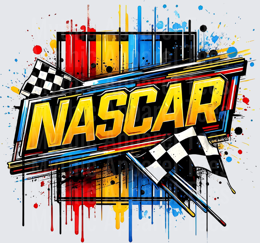NASCAR Bold Graffiti Style Lettering with Checkered Racing Flags and Colorful Paint Splatter