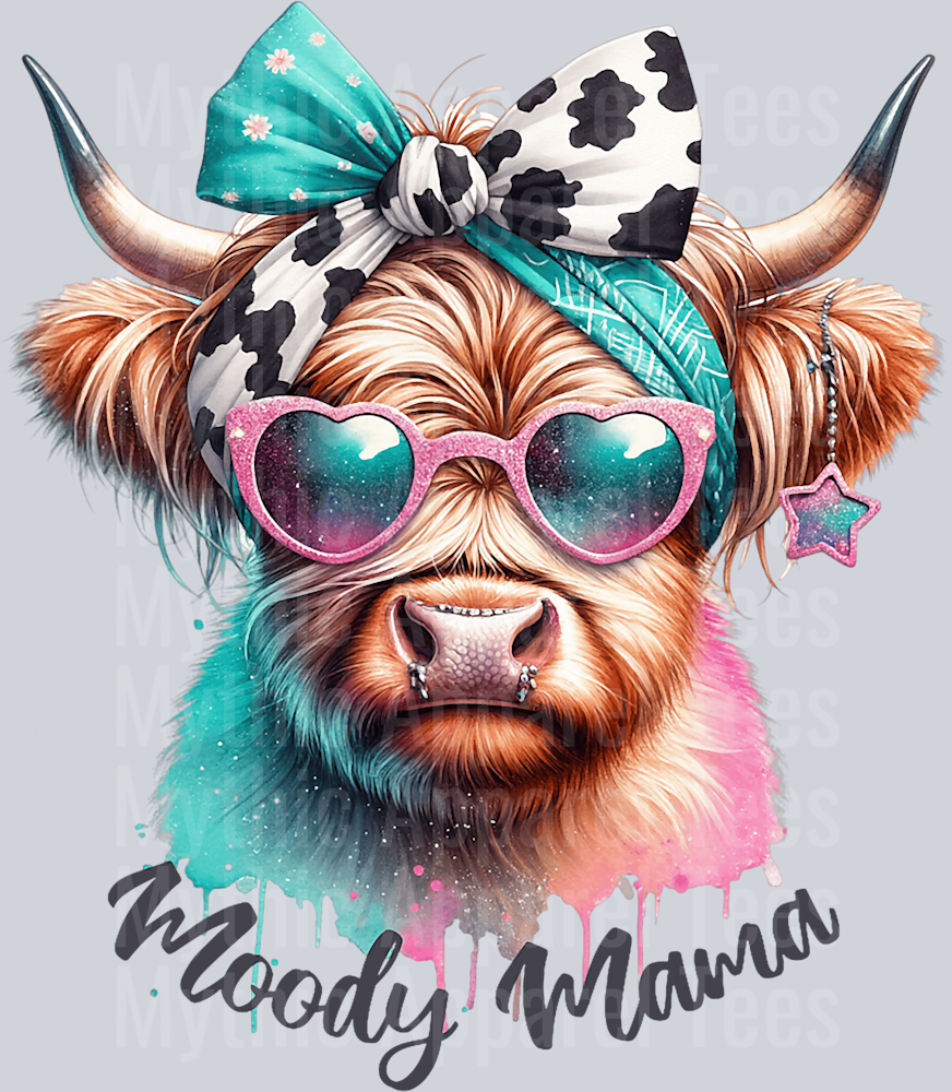 Moody Mama Highland Cow with cow bow DTF Highland Cow Transfers